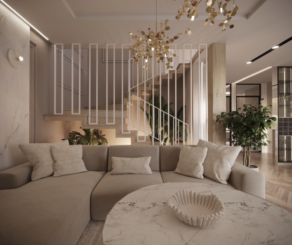 Wizualizacja salonu ze schodami – projekt Leśniak Design